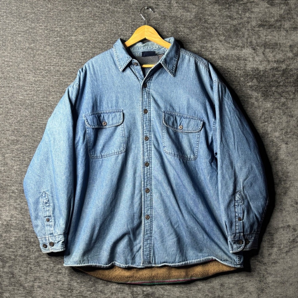 Vintage Route 66 Mens XL Blue Denim Shirt Jacket Fleece Lined Southwestern Aztec